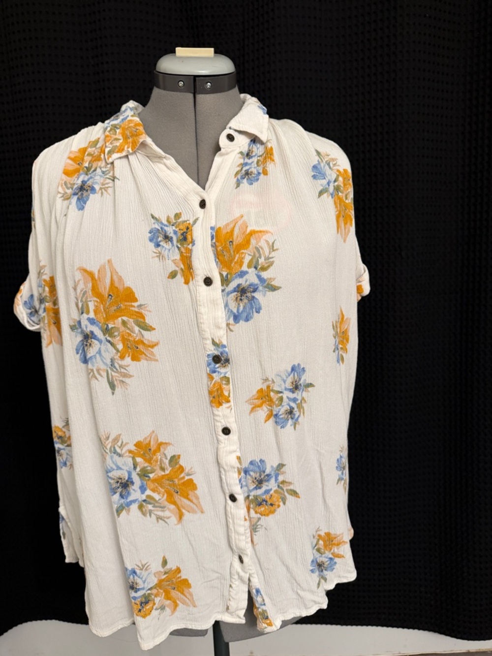 a.n.a White Button-Front Blouse with Blue and Mustard Floral Print